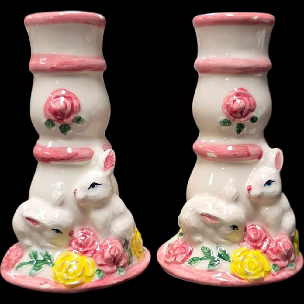 Vintage 1995 ABC Distributing Ceramic Bunny Rabbit Rose Easter Candle Holder Set